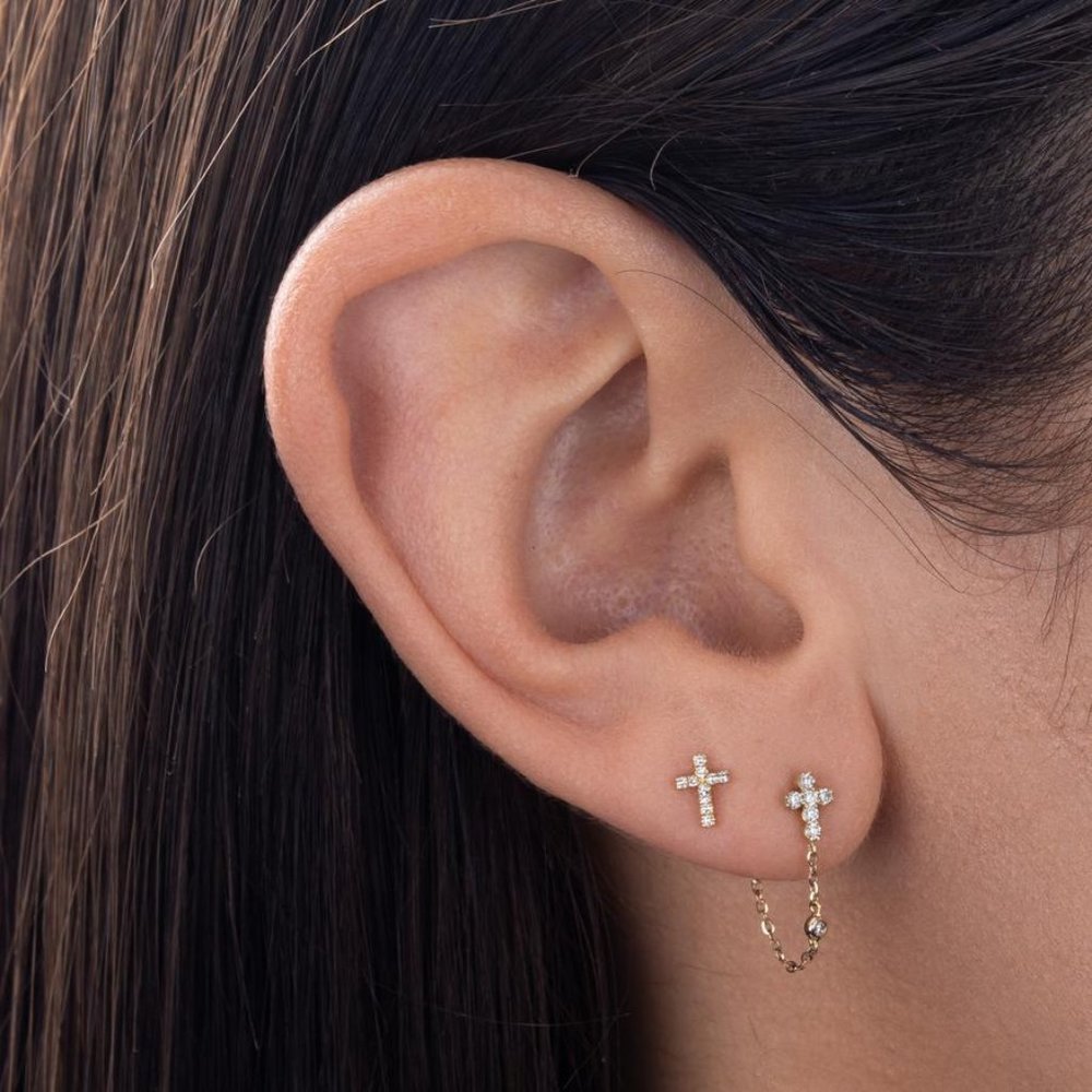 14K Gold Diamond Cross Stud Earring